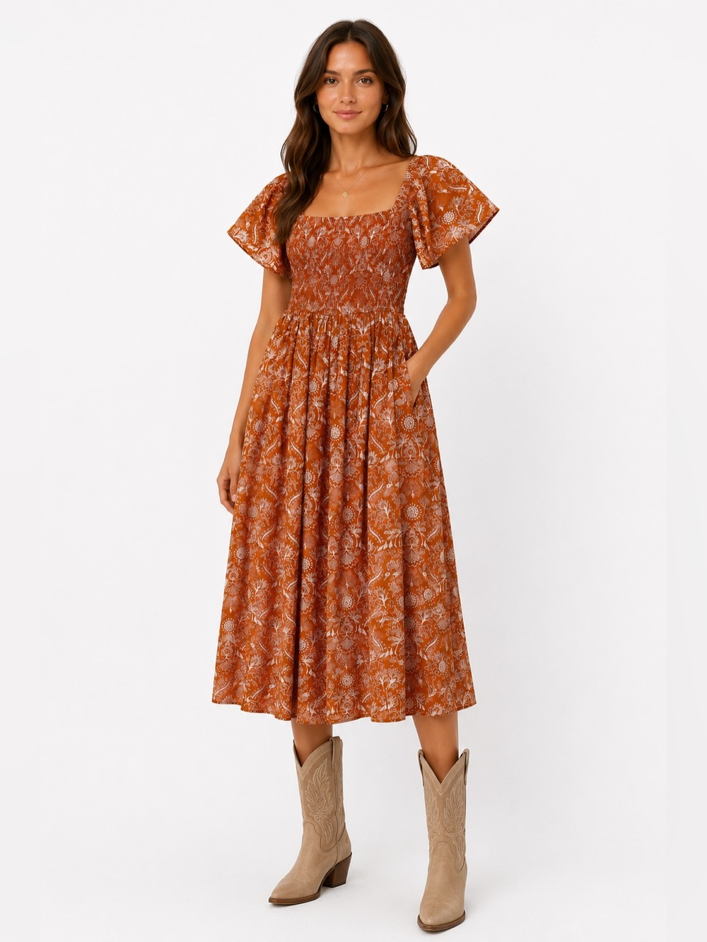 Mata Traders Rust Floral Midi Dress Size Small to Medium